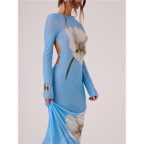 Women's Semi Sheer Floral Print Backless Maxi Dress - Picture 5 of 5